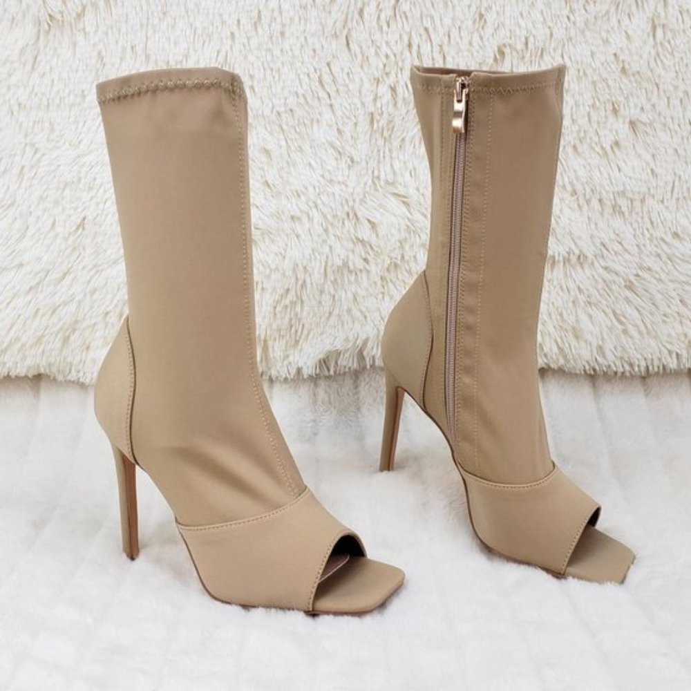 Nude Stretch Square Open Toe Ankle Boots